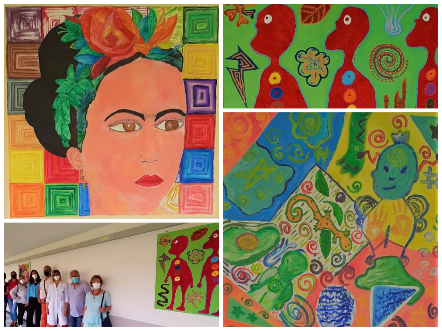 nelle foto 3 quadri e  nella foto di gruppo, da destra Rita Gargiulo Presidente Associazione Familiari, Vito D'Anza, Sara Melani e  Marco Riccomini Martina Brizzi (psicologa), Marcia Angeli, Francesca Ferraro e Elena Manzin  