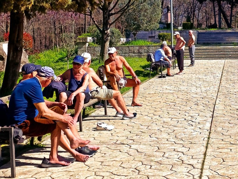 una fotografia con alcuni anziani che cercano del fresco in un parco